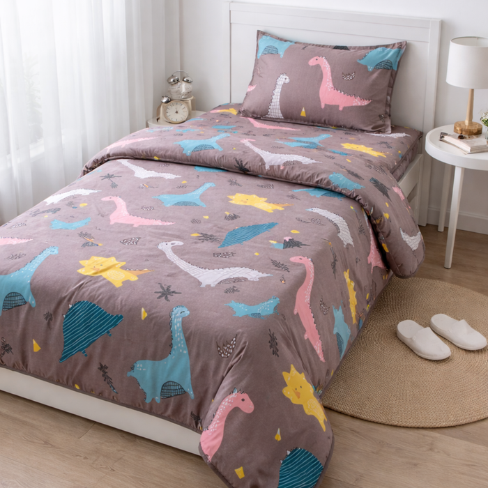 Haboo | Brown Safari Dinosaur & Volcano Cartoon Print Cotton 3 pcs Single Bed Set - 60*90 All-Season Comforter with Bedsheet & 1 Pillow Cover