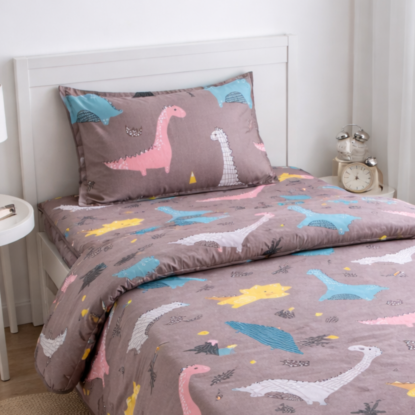 Haboo | Brown Safari Dinosaur & Volcano Cartoon Print Cotton 3 pcs Single Bed Set - 60*90 All-Season Comforter with Bedsheet & 1 Pillow Cover