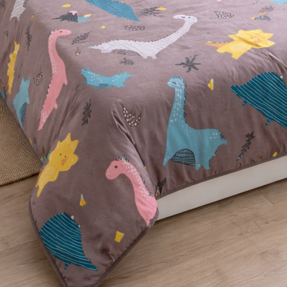 Haboo | Brown Safari Dinosaur & Volcano Cartoon Print Cotton 3 pcs Single Bed Set - 60*90 All-Season Comforter with Bedsheet & 1 Pillow Cover