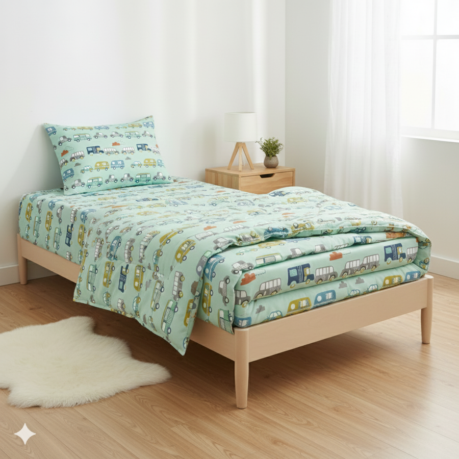 Haboo | Mint Green Vintage Caravan & Retro Vehicle Print Cotton 3 Pcs Single Bed Set - 60*90 Comforter, Bedsheet & 1 Pillow Cover