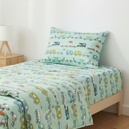 Haboo | Mint Green Vintage Caravan & Retro Vehicle Print Cotton 3 Pcs Single Bed Set - 60*90 Comforter, Bedsheet & 1 Pillow Cover