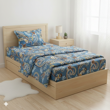 Haboo | Elegant Royal Blue Ornamental Paisley Ethnic Print Cotton 3Pcs Single Bed Set - 60*90 Comforter with Bedsheet & 1 Pillow Cover