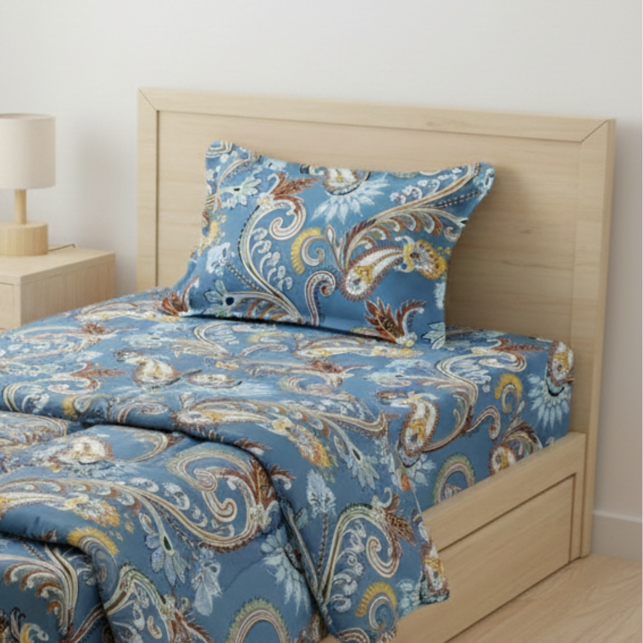 Haboo | Elegant Royal Blue Ornamental Paisley Ethnic Print Cotton 3Pcs Single Bed Set - 60*90 Comforter with Bedsheet & 1 Pillow Cover