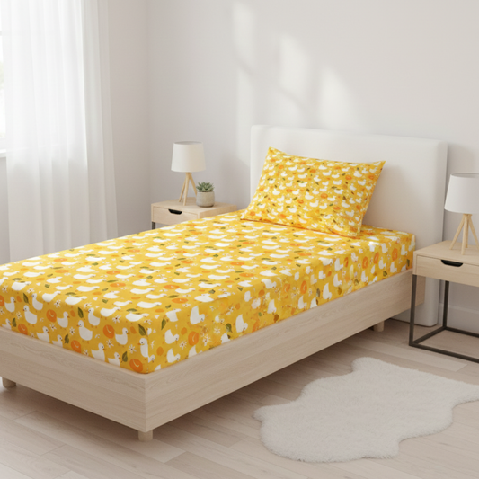 Haboo | Yellow Duck Print Kids Cotton Single Bed Bedding Set - 60*90 Inches, 1 Pillow Cover