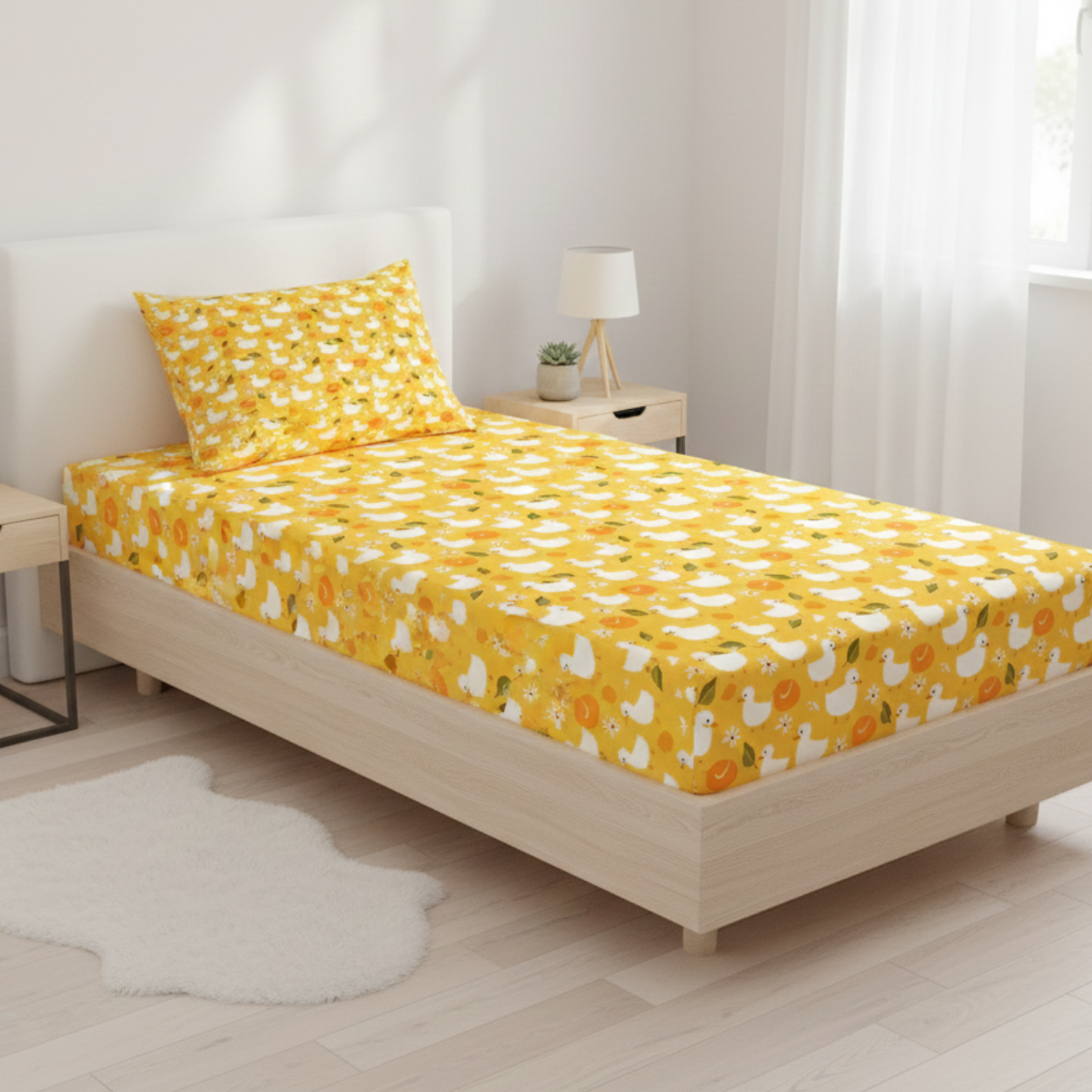 Haboo | Yellow Duck Print Kids Cotton Single Bed Bedding Set - 60*90 Inches, 1 Pillow Cover