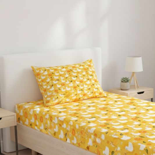 Haboo | Yellow Duck Print Kids Cotton Single Bed Bedding Set - 60*90 Inches, 1 Pillow Cover