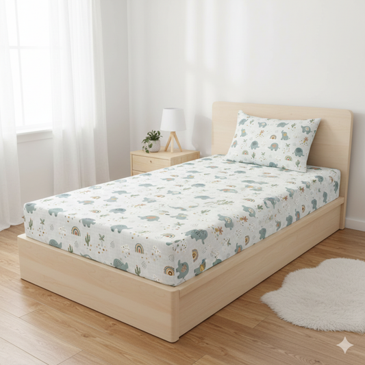 Haboo | Kids Cotton Single Bedsheet 60*90 - Cute Blue Elephant & Rainbow Theme with 1 Pillow Cover