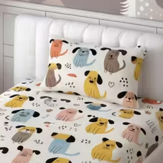 Haboo | Multi-Color Puppy Dog Print Kids Cotton Single Bedsheet - 60*90 Inches with 1 Pillow Cover