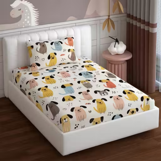 Haboo | Multi-Color Puppy Dog Print Kids Cotton Single Bedsheet - 60*90 Inches with 1 Pillow Cover