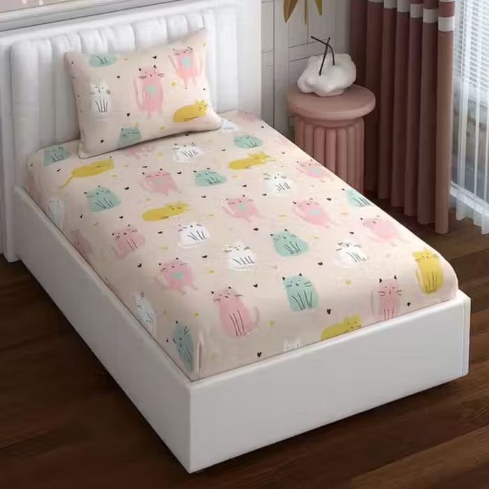 Haboo | Cute Pastel Cat Print Kids Cotton Single Bedsheet 60*90 with 1 Pillow Cover