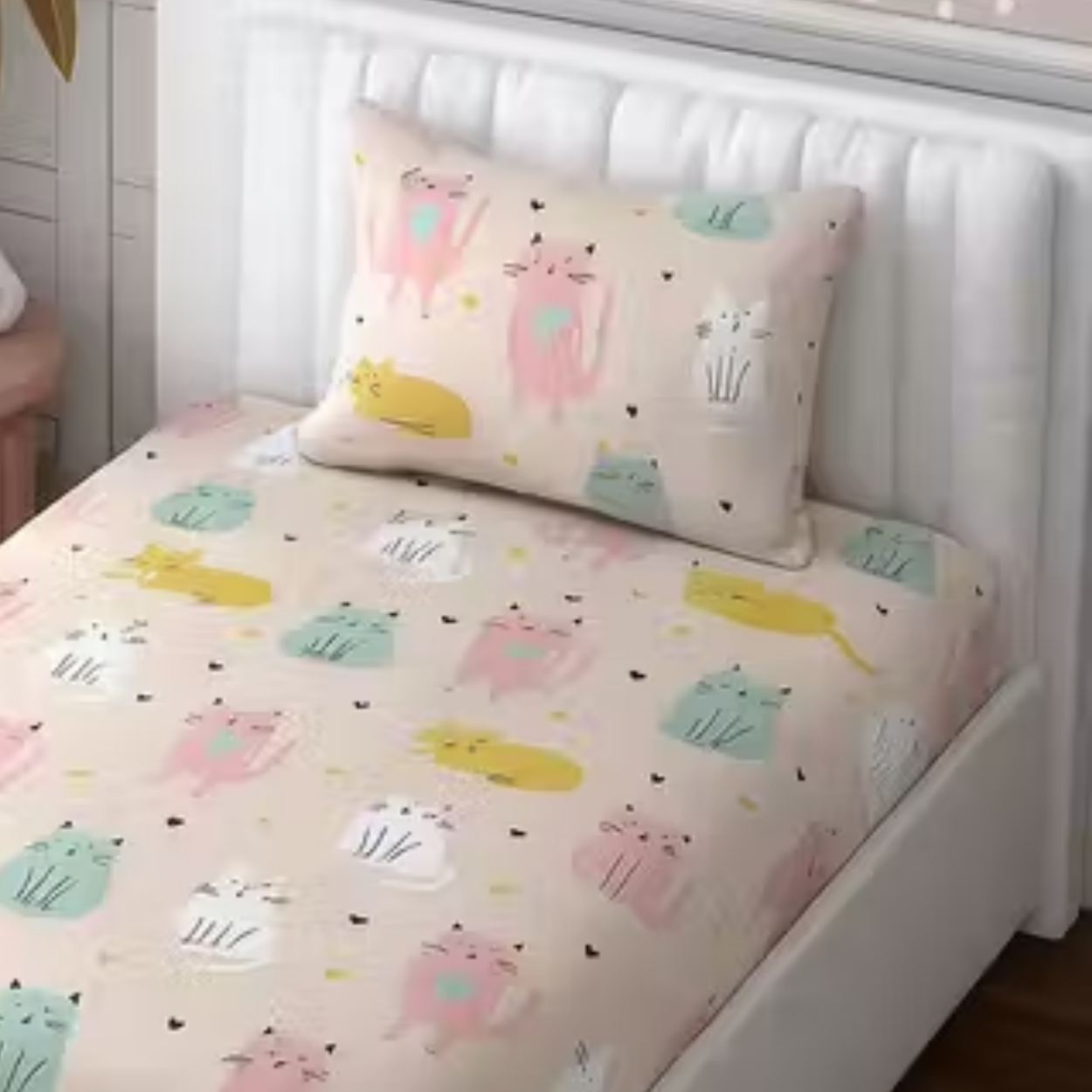 Haboo | Cute Pastel Cat Print Kids Cotton Single Bedsheet 60*90 with 1 Pillow Cover