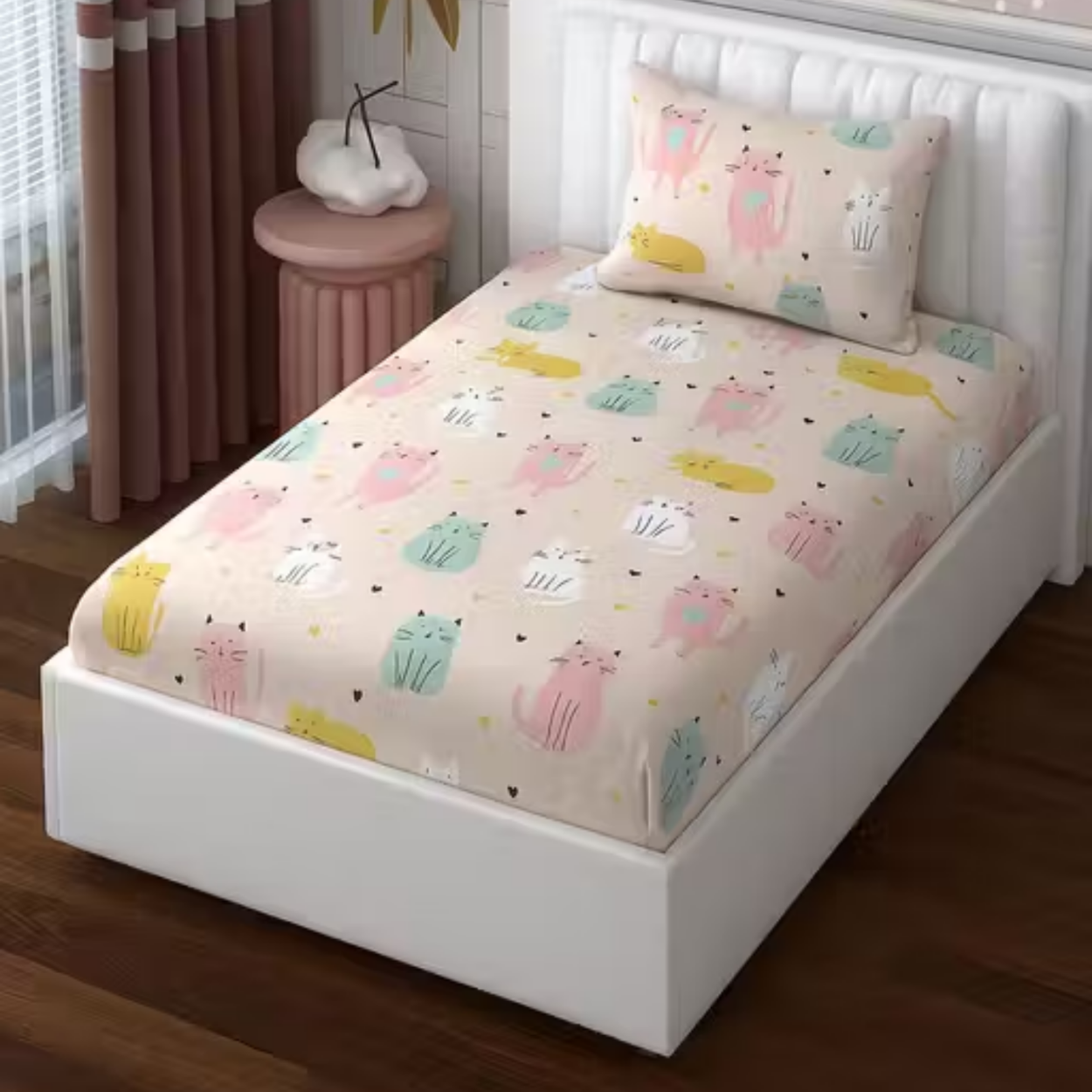 Haboo | Cute Pastel Cat Print Kids Cotton Single Bedsheet 60*90 with 1 Pillow Cover