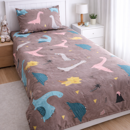 Haboo | Soft & Breathable Cotton Kids Single Bedsheet 60*90 - Grey Dinosaur Theme Bedding Set