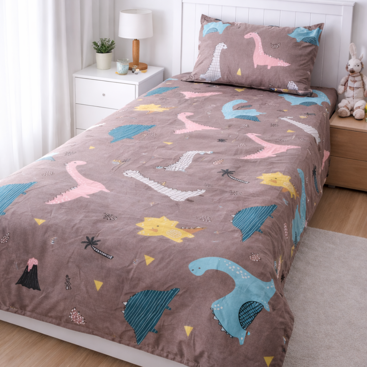 Haboo | Soft & Breathable Cotton Kids Single Bedsheet 60*90 - Grey Dinosaur Theme Bedding Set