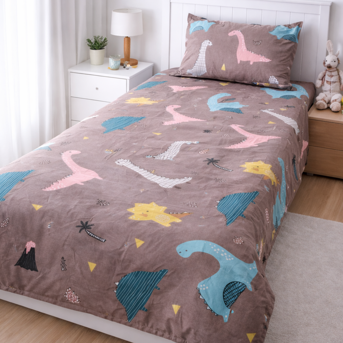 Haboo | Soft & Breathable Cotton Kids Single Bedsheet 60*90 - Grey Dinosaur Theme Bedding Set