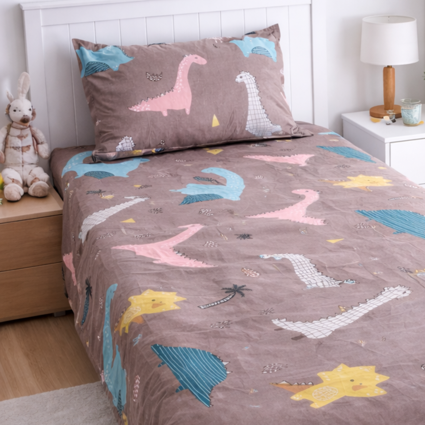 Haboo | Soft & Breathable Cotton Kids Single Bedsheet 60*90 - Grey Dinosaur Theme Bedding Set