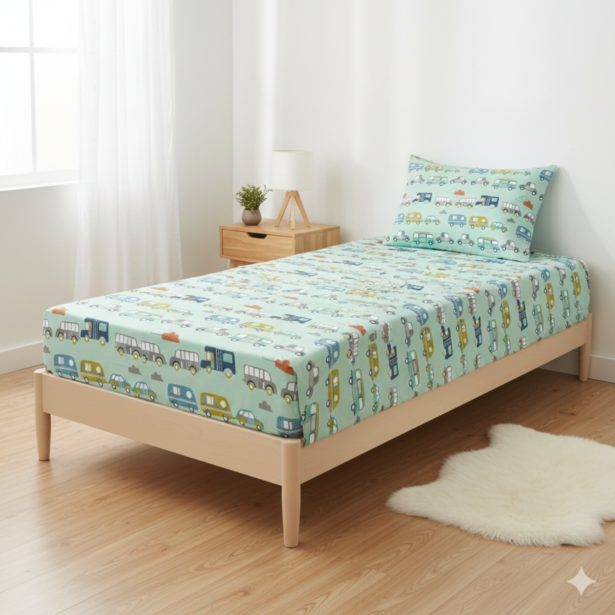 Haboo | Mint Green Vintage Caravan & Car Print Kids Cotton Single Bedsheet - 60*90 Inches, with 1 Pillow Cover