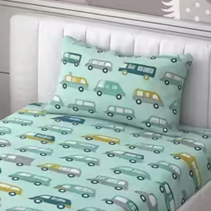Haboo | Mint Green Vintage Caravan & Car Print Kids Cotton Single Bedsheet - 60*90 Inches, with 1 Pillow Cover