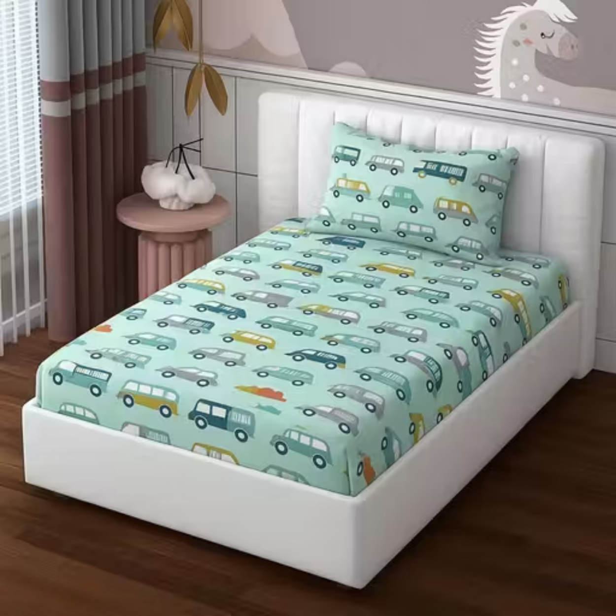 Haboo | Mint Green Vintage Caravan & Car Print Kids Cotton Single Bedsheet - 60*90 Inches, with 1 Pillow Cover