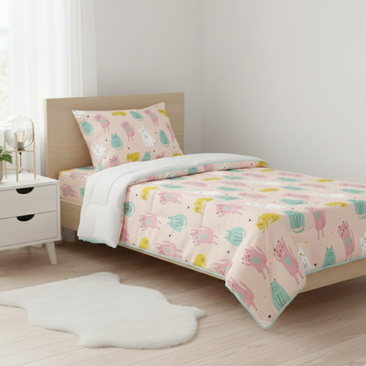 Haboo | Cute Pastel Cat & Heart Printed Kids Cotton Comforter - 60*90 Inches, 100 GSM Lightweight Quilt
