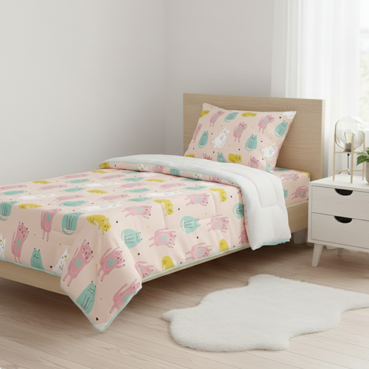 Haboo | Cute Pastel Cat & Heart Printed Kids Cotton Comforter - 60*90 Inches, 100 GSM Lightweight Quilt