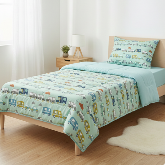 Haboo | Mint Green Vintage Caravan & Car Print Kids Cotton Comforter - 60*90 Inches, 100 GSM Lightweight All-Season Quilt
