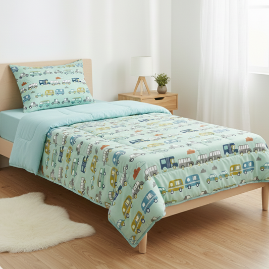 Haboo | Mint Green Vintage Caravan & Car Print Kids Cotton Comforter - 60*90 Inches, 100 GSM Lightweight All-Season Quilt