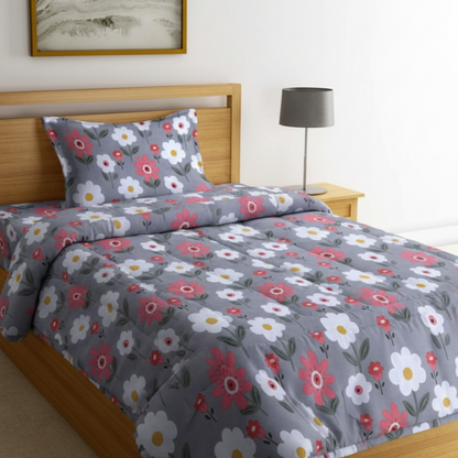 Haboo | Charcoal Grey & Red Daisy Floral Print Cotton 3Pcs Single Bed Set - 60*90 Comforter, Bedsheet & 1 Pillow Cover