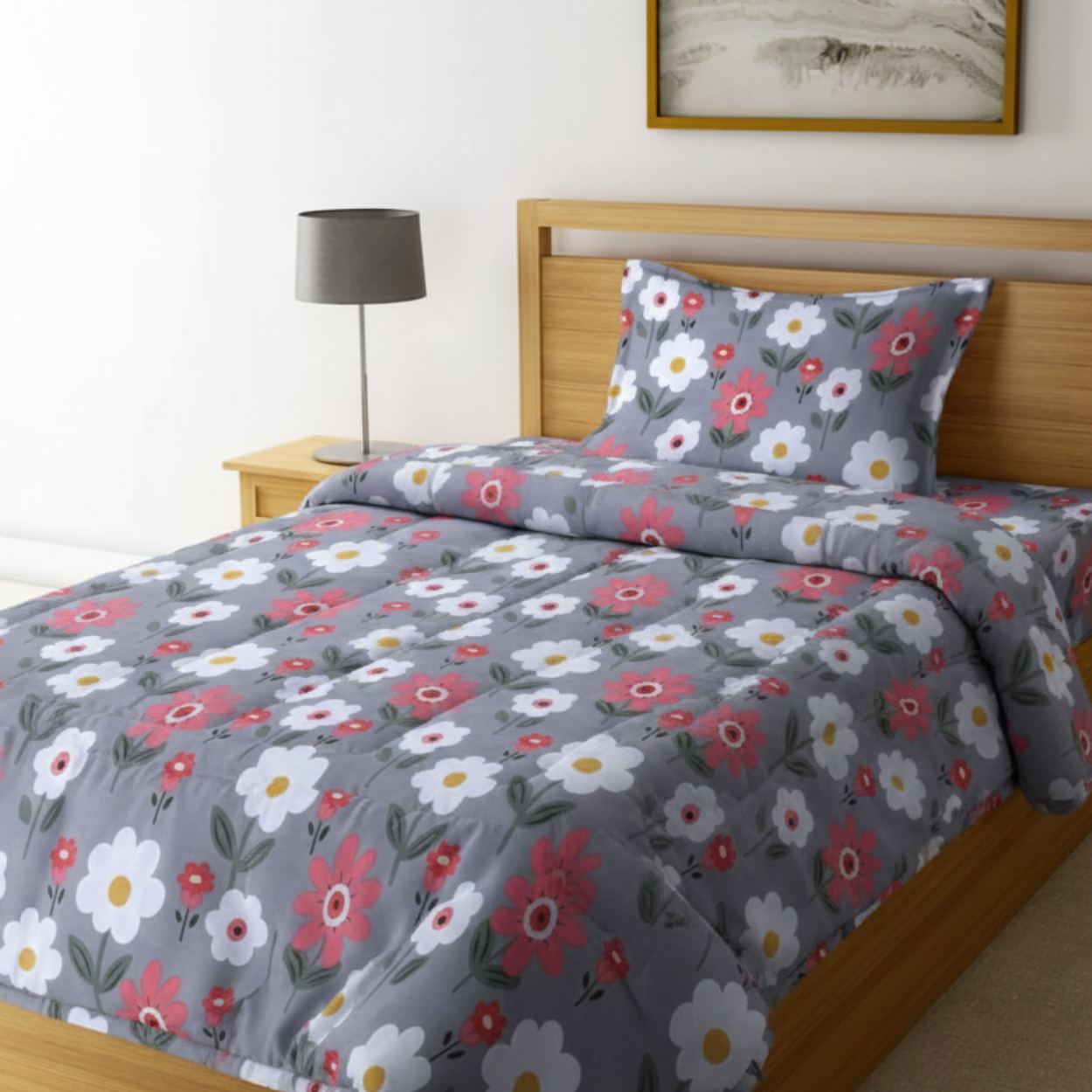 Haboo | Charcoal Grey & Red Daisy Floral Print Cotton 3Pcs Single Bed Set - 60*90 Comforter, Bedsheet & 1 Pillow Cover