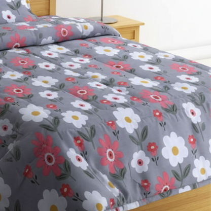Haboo | Charcoal Grey & Red Daisy Floral Print Cotton 3Pcs Single Bed Set - 60*90 Comforter, Bedsheet & 1 Pillow Cover