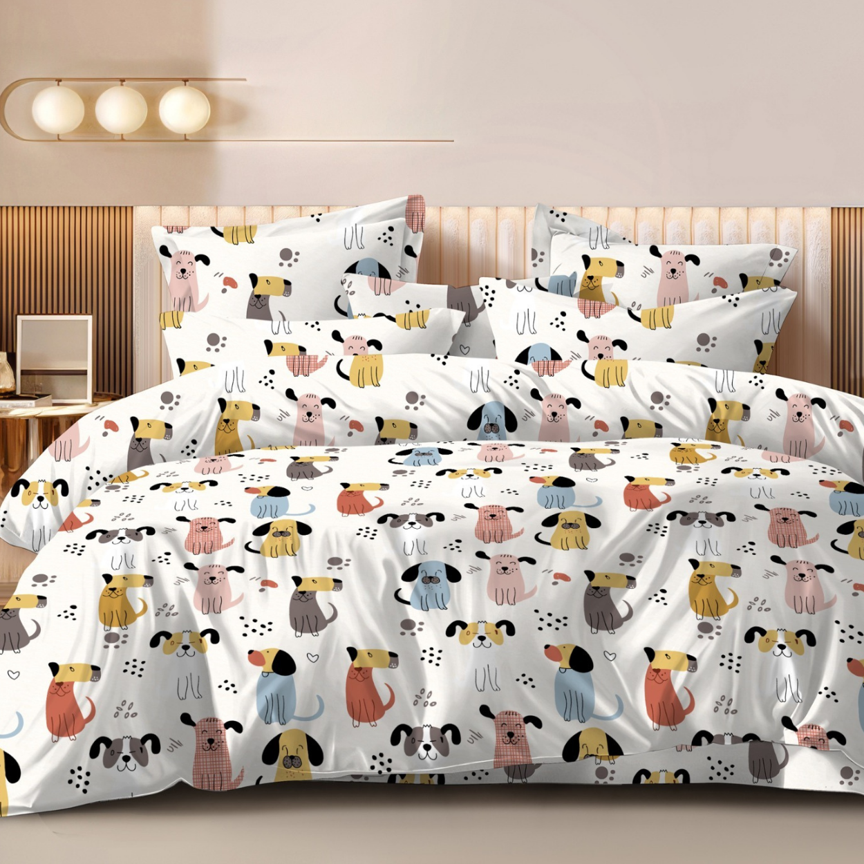 Haboo | Playful Multi-Color Puppy Dog Character Print Cotton 4 PcsDouble Bed Set - 90x100 Comforter, Flat Bedsheet & 2 Pillow Covers