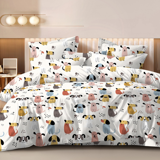 Haboo | Playful Multi-Color Puppy Dog Character Print Cotton 4 PcsDouble Bed Set - 90x100 Comforter, Flat Bedsheet & 2 Pillow Covers