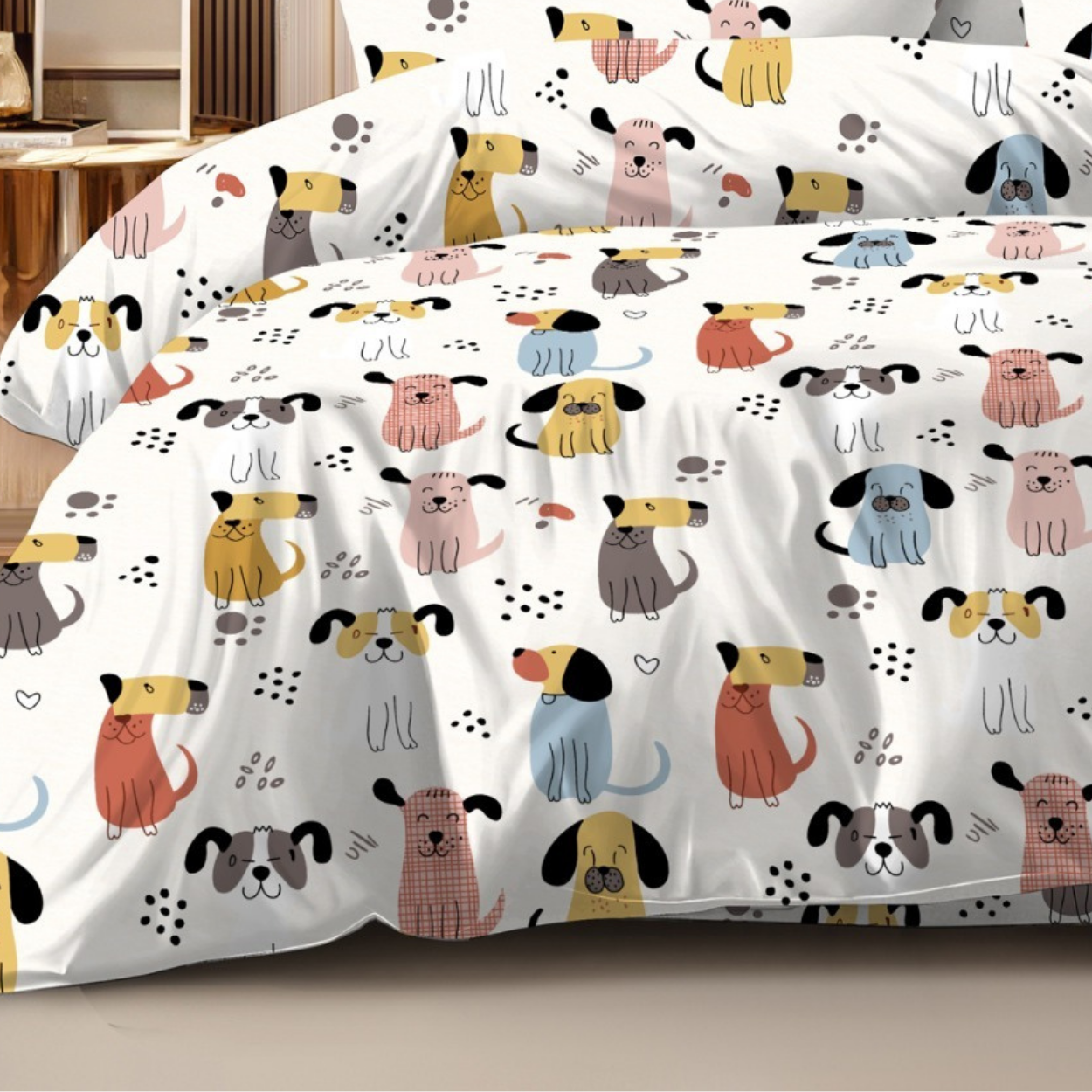 Haboo | Playful Multi-Color Puppy Dog Character Print Cotton 4 PcsDouble Bed Set - 90x100 Comforter, Flat Bedsheet & 2 Pillow Covers