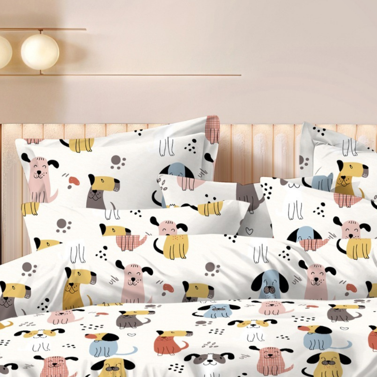 Haboo | Playful Multi-Color Puppy Dog Character Print Cotton 4 PcsDouble Bed Set - 90x100 Comforter, Flat Bedsheet & 2 Pillow Covers