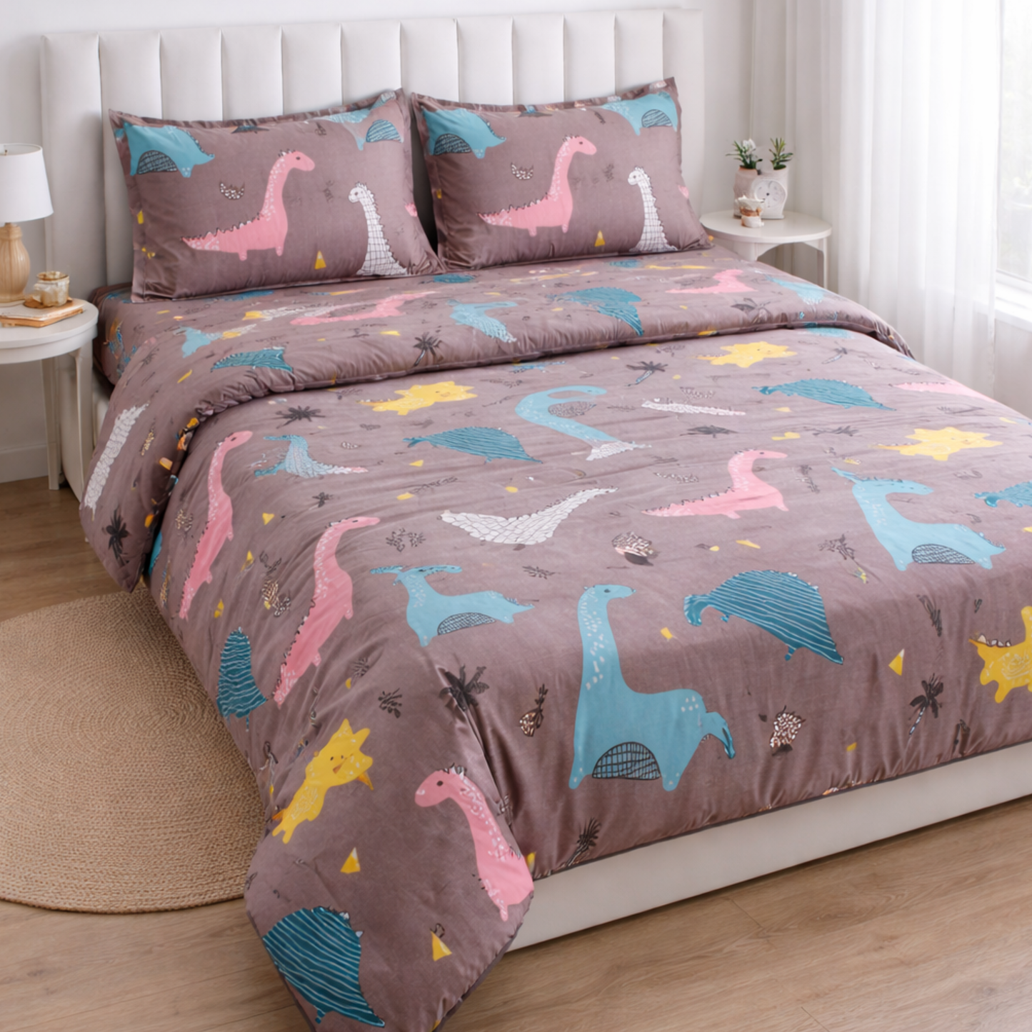 Haboo | Brown Safari Dinosaur & Volcano Cartoon Print Cotton 4 pcs Double Bed Set - 90x100 All-Season Comforter with Bedsheet & 2 Pillow Covers