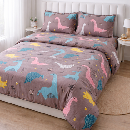 Haboo | Brown Safari Dinosaur & Volcano Cartoon Print Cotton 4 pcs Double Bed Set - 90x100 All-Season Comforter with Bedsheet & 2 Pillow Covers