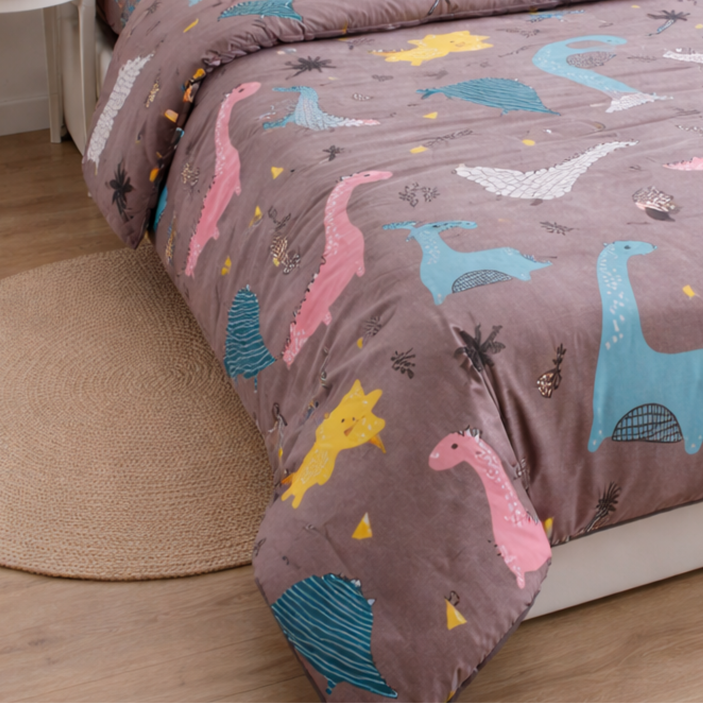 Haboo | Brown Safari Dinosaur & Volcano Cartoon Print Cotton 4 pcs Double Bed Set - 90x100 All-Season Comforter with Bedsheet & 2 Pillow Covers