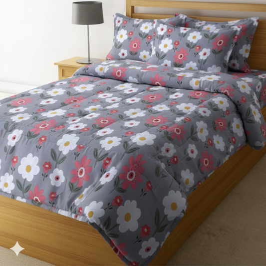 Haboo | Charcoal Grey & Red Daisy Floral Print Cotton 4 Pcs Double Bed Set - 90x100 Comforter, Bedsheet & 2 Pillow Covers