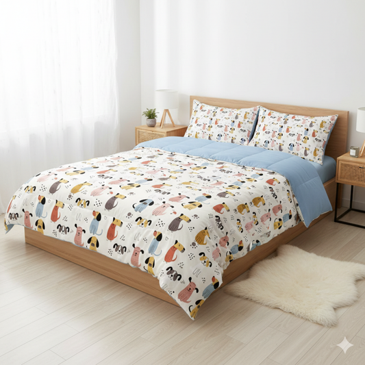 Haboo | Colorful Puppy Dog Print Kids Cotton Comforter - 90x100 Inches, 100 GSM Lightweight All-Season Quilt