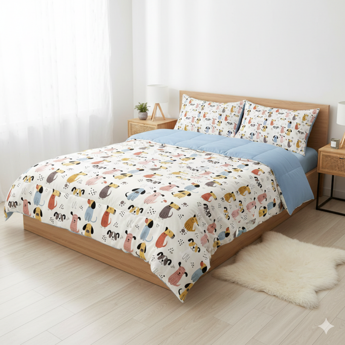 Haboo | Colorful Puppy Dog Print Kids Cotton Comforter - 90x100 Inches, 100 GSM Lightweight All-Season Quilt