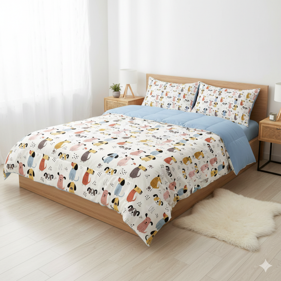 Haboo | Colorful Puppy Dog Print Kids Cotton Comforter - 90x100 Inches, 100 GSM Lightweight All-Season Quilt