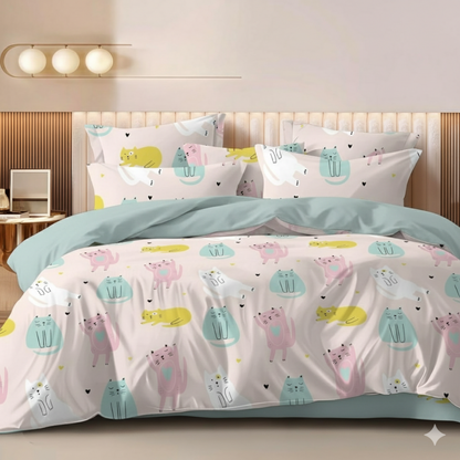 Haboo | Cute Pastel Cat & Heart Printed Kids Cotton Comforter - 90x100 Inches, 100 GSM Lightweight Quilt