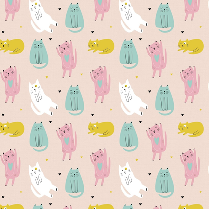 Haboo | Cute Pastel Cat & Heart Print Kids Cotton 4 Pcs Double Bed Set - 90x100 Comforter, Matching Bedsheet & 2 Pillow Covers