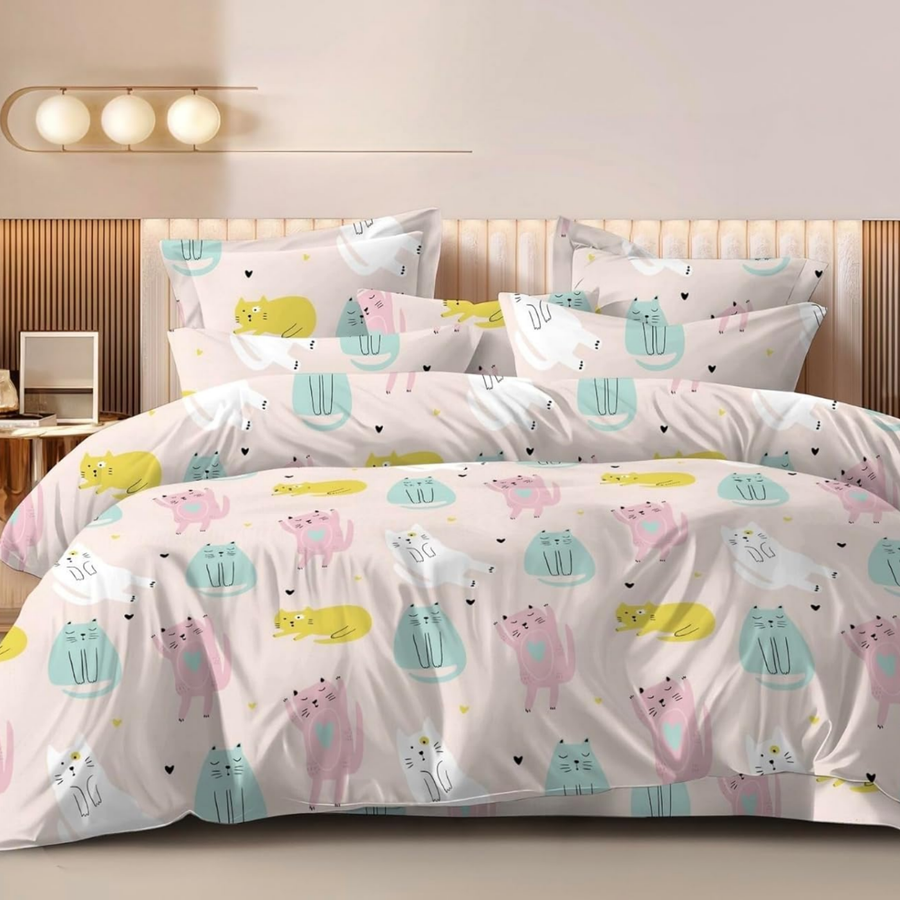 Haboo | Cute Pastel Cat & Heart Print Kids Cotton 4 Pcs Double Bed Set - 90x100 Comforter, Matching Bedsheet & 2 Pillow Covers