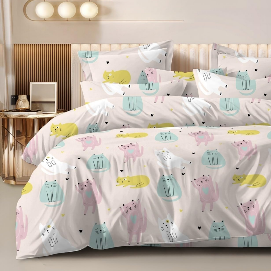 Haboo | Cute Pastel Cat & Heart Printed Kids Cotton Comforter - 90x100 Inches, 100 GSM Lightweight Quilt