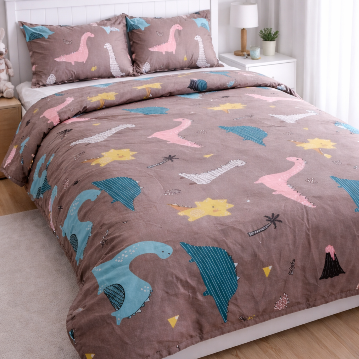Haboo | Brown Dinosaur & Volcano Printed Kids Cotton Comforter - 90x100 Inches, 100 GSM Lightweight All-Season Quilt