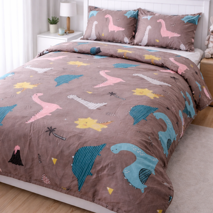 Haboo | Brown Dinosaur & Volcano Printed Kids Cotton Comforter - 90x100 Inches, 100 GSM Lightweight All-Season Quilt