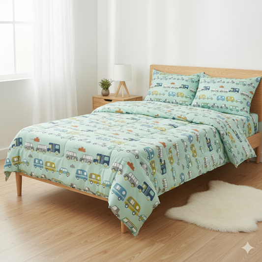 Haboo | Mint Green Vintage Caravan & Retro Vehicle Print Cotton 4 Pcs Double Bed Set - 90x100 Comforter, Bedsheet & 2 Pillow Covers
