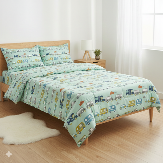 Haboo | Mint Green Vintage Caravan & Retro Vehicle Print Cotton 4 Pcs Double Bed Set - 90x100 Comforter, Bedsheet & 2 Pillow Covers