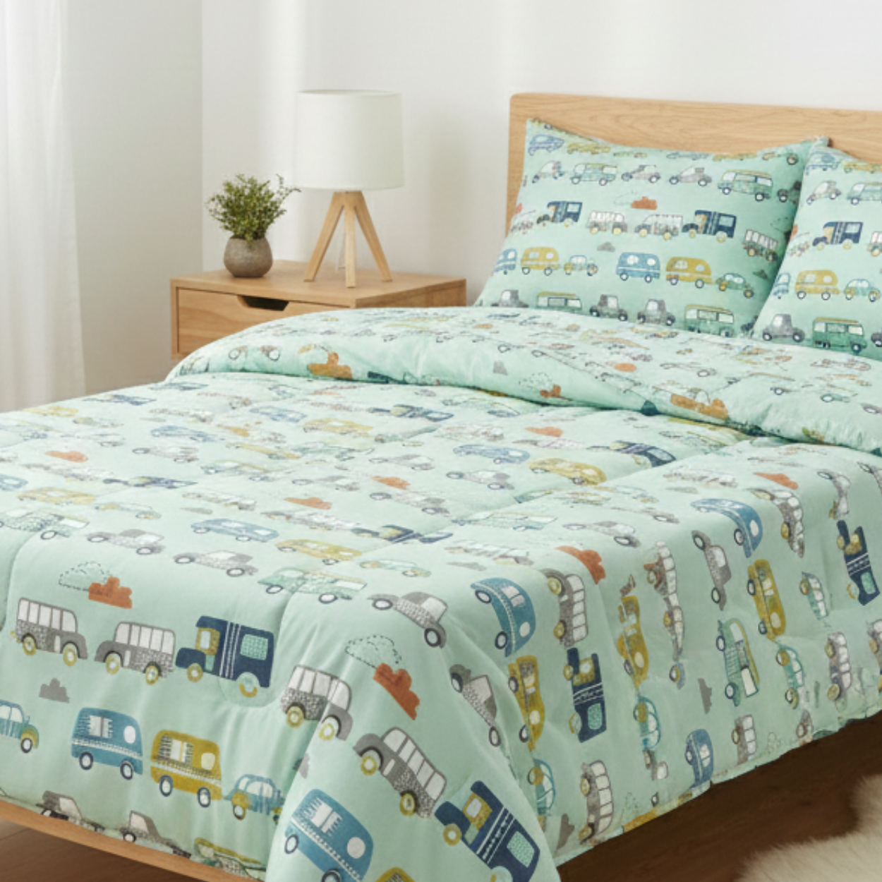 Haboo | Mint Green Vintage Caravan & Retro Vehicle Print Cotton 4 Pcs Double Bed Set - 90x100 Comforter, Bedsheet & 2 Pillow Covers